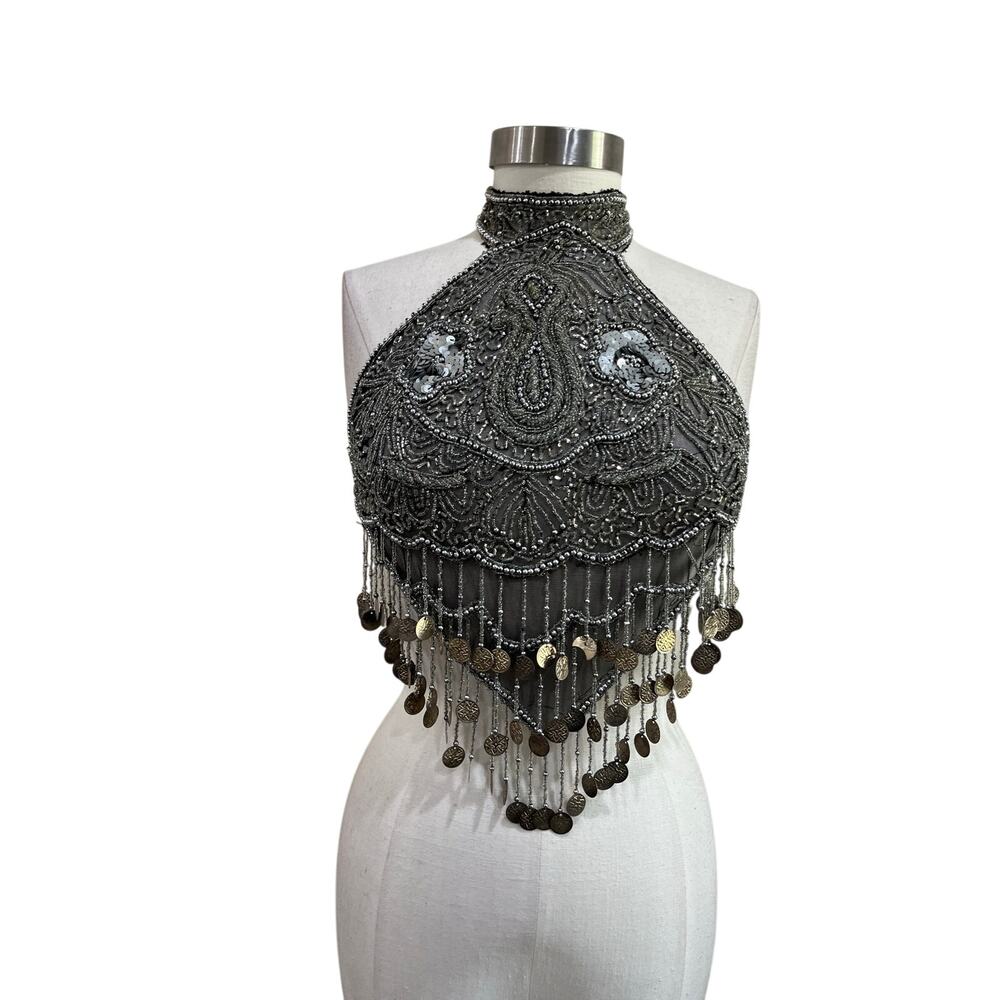 Boho Beaded Sequin Coin Halter Festival Rave Belly Dance Top Size S/M